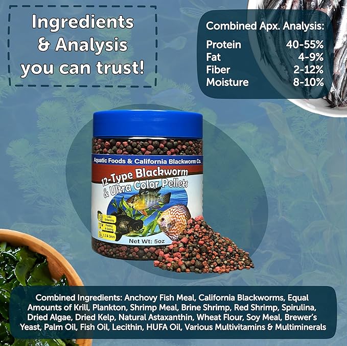 Aquatic Foods Inc. 12-Type Floating & Sinking California Blackworm & Coloring Pellets of 1mm, 2mm, 3mm Size for All Tropical Fish, Koi and Pond Fish, 4-Type Wafer Mix Included...5oz Canister