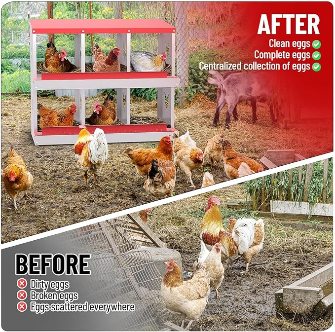 6 Compartments Chicken Nesting Box,Metal Chicken Egg Laying Box, Nesting Boxes,Easy Egg Collection, Easy Cleaning（Red）