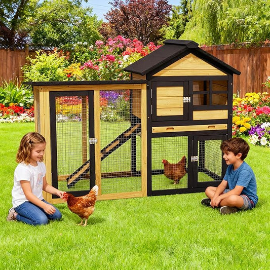 Large Chicken Coop and Run Outdoor Indoor Two Story Rabbit Hutch Pet House Guinea Pig Cage with Removable Tray，Ramp，Ventilation Doors for Chickens,Bunny,Ducks,Quails（Natural Wood）