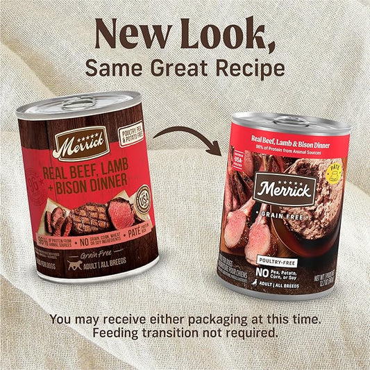 Merrick Grain Free Premium And Natural Canned Dog Food, Soft And Healthy Wet Recipe, Real Beef Lamb And Bison - (Pack of 12) 12.7 oz. Cans