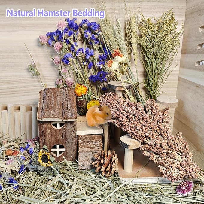 Natural Hamster Flower & Herb Habitat Deocr, Hamster Sprays Flowers Bedding Mate, Hamsters Cage Enrichment Decoration Accessories for Gerbil Dwarf Syrian Hamsters Guinea Pig Mice or Small Animals