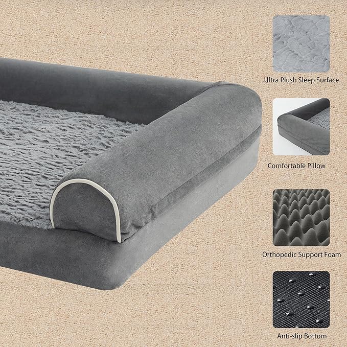 Orthopedic Dog Bed for Large Dogs - Egg Foam Sofa Bed with Waterproof Lining, Removable Washable Cover, Non-Skid Bottom - L 36x27x6.5Inch, Grey