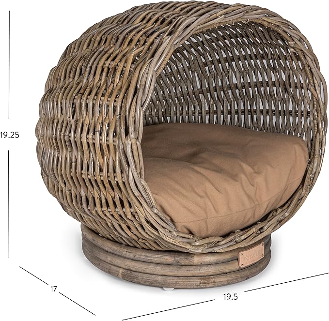 CBD1001A Socket Dome 19.5" x 17" Bohemian Handwoven Rattan Cat Bed with Machine-Washable Cushion, Kubu Gray