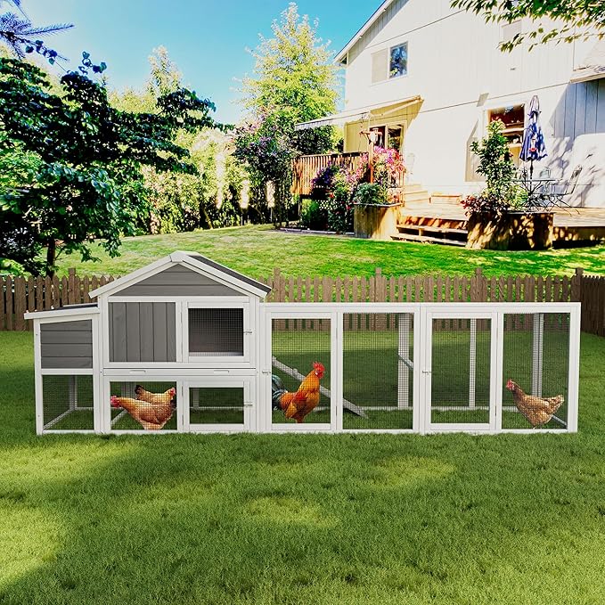 113.5" Gray Large Wooden Chicken Coop with Run – Outdoor Hen House for 2-4 Chickens, Waterproof & UV-Resistant Roof, Nesting Box with Hinged Lid, Sliding Door, Removable Tray, Secure & Easy-Clean