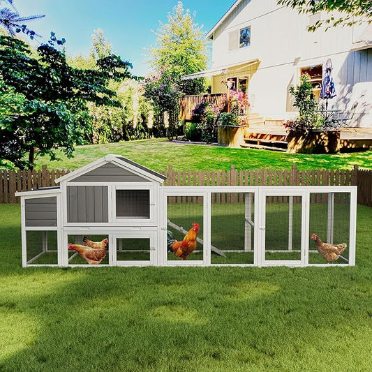 113.5" Gray Large Wooden Chicken Coop with Run – Outdoor Hen House for 2-4 Chickens, Waterproof & UV-Resistant Roof, Nesting Box with Hinged Lid, Sliding Door, Removable Tray, Secure & Easy-Clean