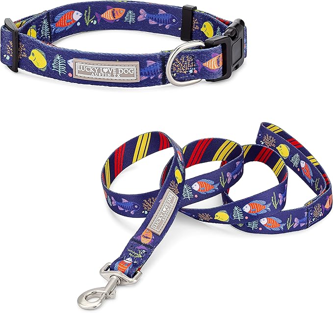 Lucky Love Dog - Easy Click Buckle Dog Collar with Leash Set Combo, Durable & Comfortable for Male & Female Dogs, Pet Collar for Small to Large Dogs, Secure Fit - Mackey Combo, Medium