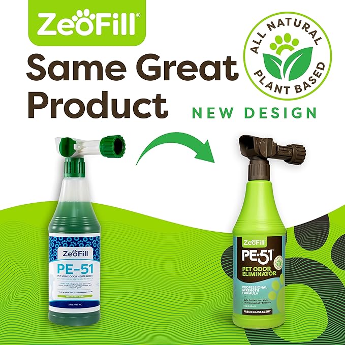 ZEOFILL PE-51 Pet Odor Eliminator – Pet, Turf & Yard Urine Odor Eliminator | Cat & Dog Pee Deodorizer Spray | Dual Pack of 32oz Bottles & 1 Max Flow Garden Hose Spray Nozzle | All Natural Enzymes