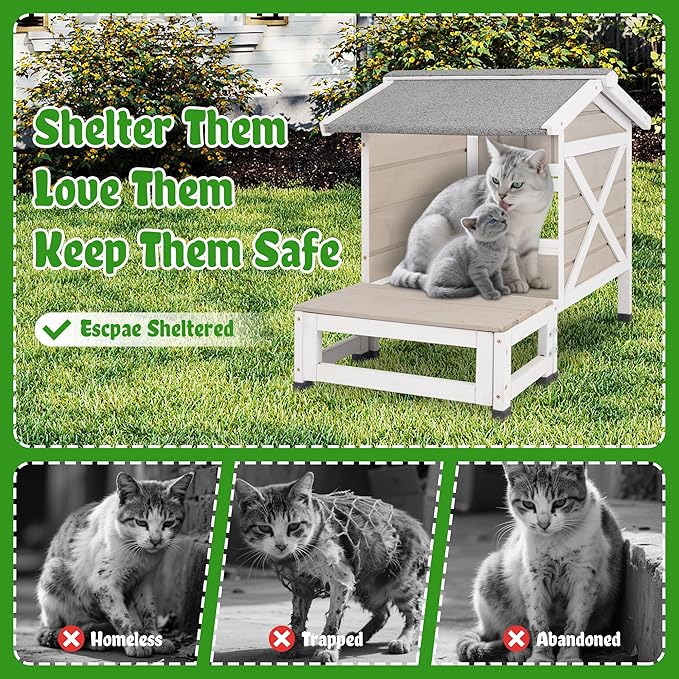 Outdoor Cat House Weatherproof Cats Shelter for Feral Kitten Pet Houses for 1-2 Small Animlas 2 Story Wooden Houses for Indoor Outdoor Cats with Escape Doors (30" L Small Cat House)