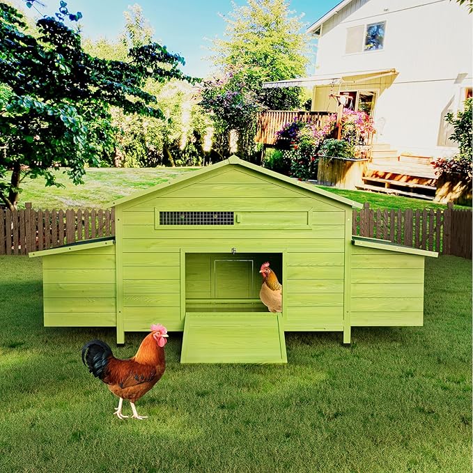 11.12 ft² Large Wooden Chicken Coop with 2 Nesting Boxes & Perch – Outdoor Hen House for 3–4 Chickens, Waterproof Poultry Cage with Free-Range Doors & Predator-Proof Locks Green