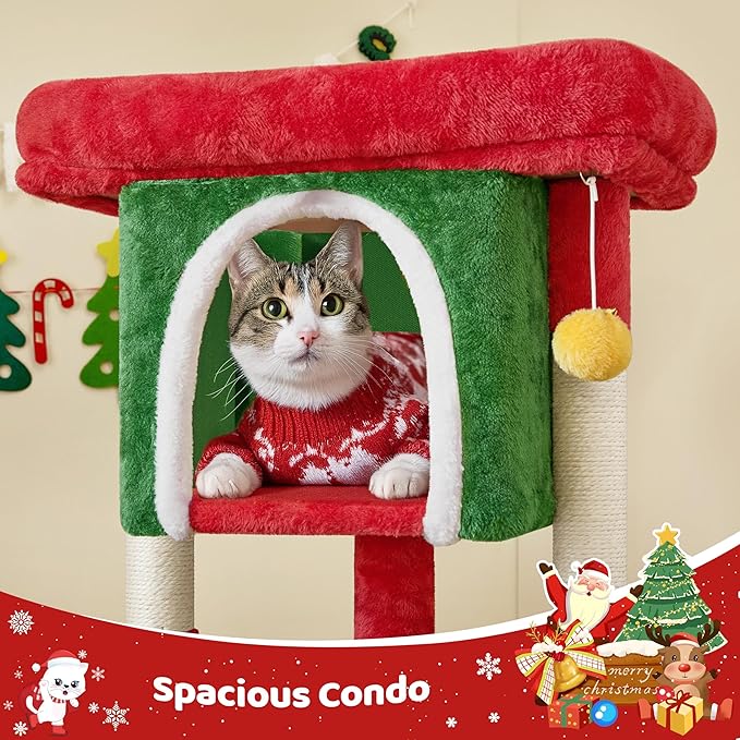 Yaheetech Christmas Themed Cat Tree 23.5in, Cat Tower with Wide Perch, Spacious Condo, Scratching Posts for Large Kitty, Indoor Activity Center Pet Furniture Decoration, Red/Green