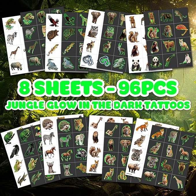 96 PCS Realistic Wildlife Jungle Animal Glow In The Dark Luminous Pre-Cut Temporary Tattoos Sticker Reptile Birthday Party Decorations Supplies Favors Gifts Boys Girls Zoo Cute Fake Tattoo Themed