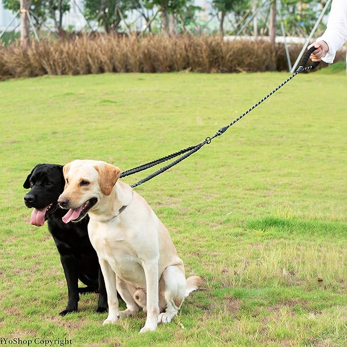 iYoShop Dual Dog Leash - 360° Swivel, No Tangle Walking Leash with Shock Absorbing Bungee for Two Dogs (Large, 25-150 lbs, Black)