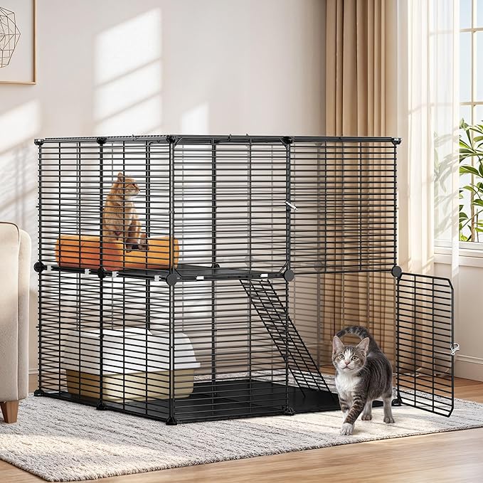 YITAHOME Cat Cage 2 Tier Indoor Cat Enclosures Kitten Cage DIY Pet Playpen Metal Kennel for 1-2 Cats, Ferret, Chinchilla, Rabbit, Small Animals, Kitty, Squirrel, RV Travel, Camping