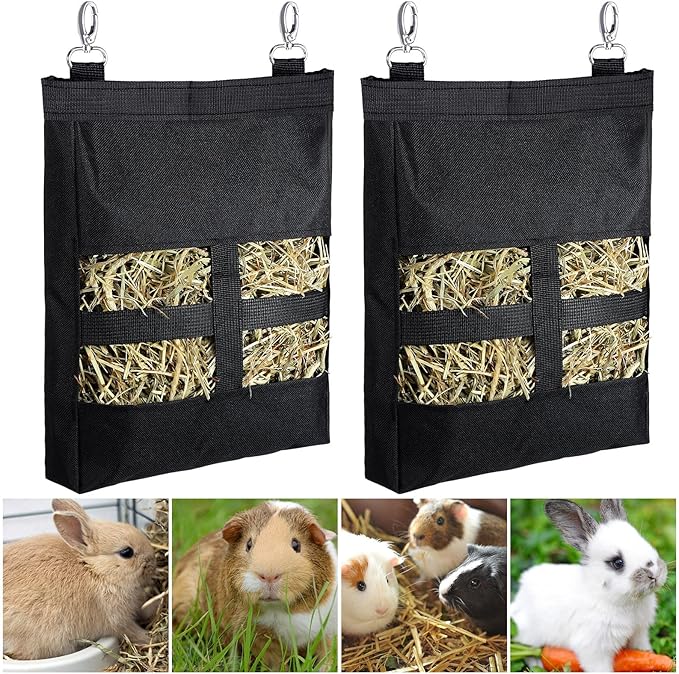 Frienda 2 Pcs Guinea Pig Hay Bag 11 x 9.1 Inch Guinea Pig Hanging Hay Feeding Bag Storage Dispenser for Chinchilla Hamster Bunny Small Animal Pet(Black)