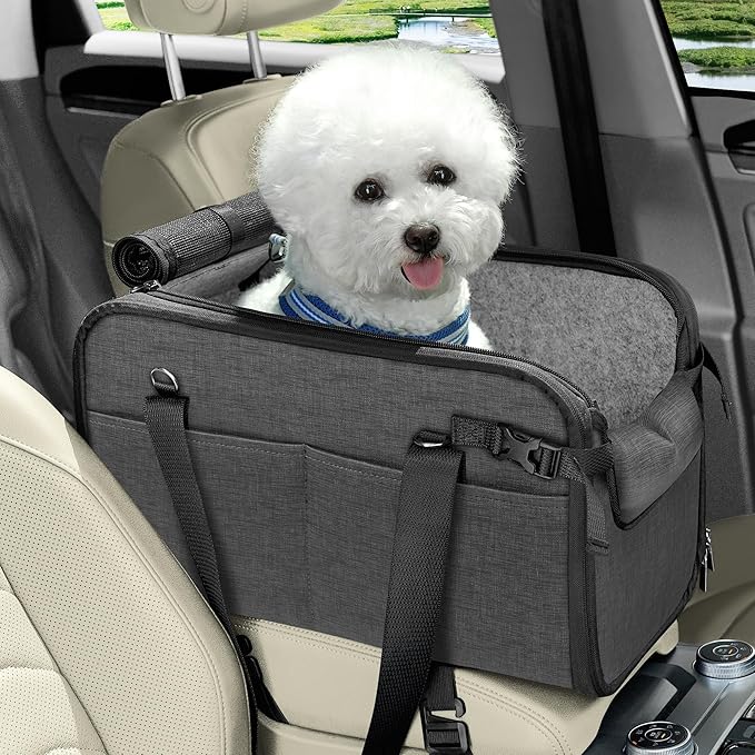 YUDODO Large Dog Car Seat for Center Console (Width＞9.5in) Fits 10-20lbs, Anti-Slip Puppy Cat Travel Portable Booster Seat, Luxury Pet Car Bed Carseat PU Leather Gray