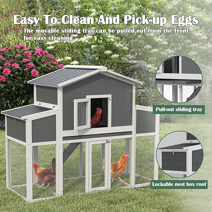 Wooden Chicken Coop for 2-6 Chickens, Outdoor Chicken House with Run & 2 Nest Boxes, Outside Hen House Poultry House Pet Hutch Chicken Cage with Waterproof Roof & Ramp, (66''LX32''WX53''H)