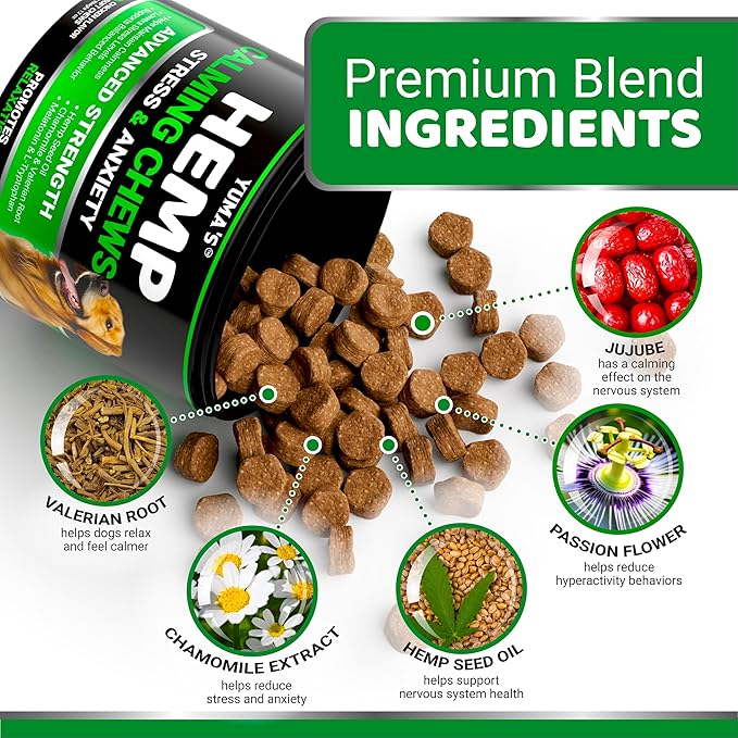 YUMA'S Hemp Calming Chews for Dogs - Advanced Dog Calming Chews - 170 Chews - Anxiety Relief Treats - Separation Aid, Barking, Stress Relief, Thunderstorms - Melatonin - Hemp Oil - Made in USA
