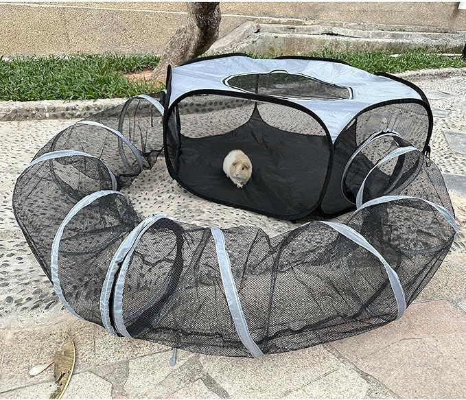 Small Animal Playpen with Tunnel–Pop-up Guinea Pigs Play Pen Foldable Outdoor and Indoor Pet Tent for Rabbits, Chinchillas and Ferrets