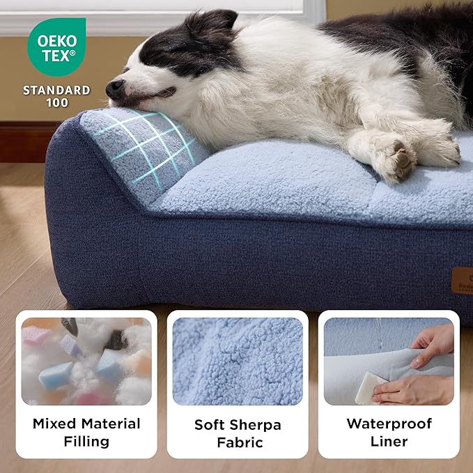 Bedsure XL Orthopedic Dog Beds Large Sized Dog - Extra Thick Supportive Dogs Couch with Waterproof Washable Cover, Extra Large Comfort Pet Bed Sofa with Soft Plush Sherpa and Nonskid Bottom, Blue, 42"