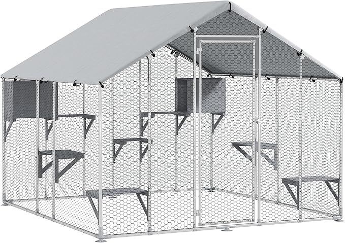 PawHut Catio Outdoor Cat Enclosure, 94.5" Extra Large Walk-in Cat House with Waterproof Cover, 2 Resting Boxes, 7 Jumping Platforms, Chicken Run Coop, Rabbit Hutch, Feral Cat Shelter for Multiple Cats