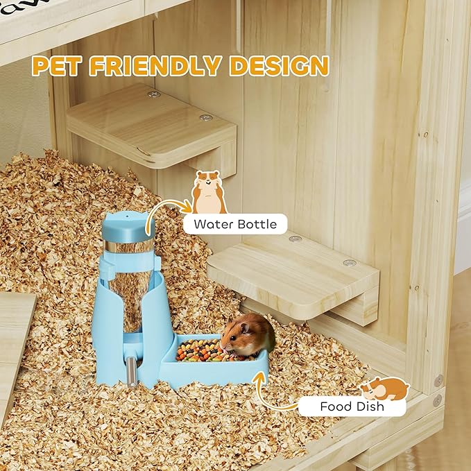PawHut Wooden Hamster Cage with Legs, Gerbil Cage with Seesaw, Hut, Water Bottle & Food Dish, Hamster Habitat for Syrian, Dwarf, Mouse, 28" x 16" x 29.5", Nature Wood