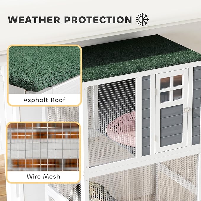 PawHut 74" Wooden Catio Outdoor Cat Enclosure Weatherproof & Wheeled, Outside Cat House with High Weight Capacity, Kitten Cage Condo, White