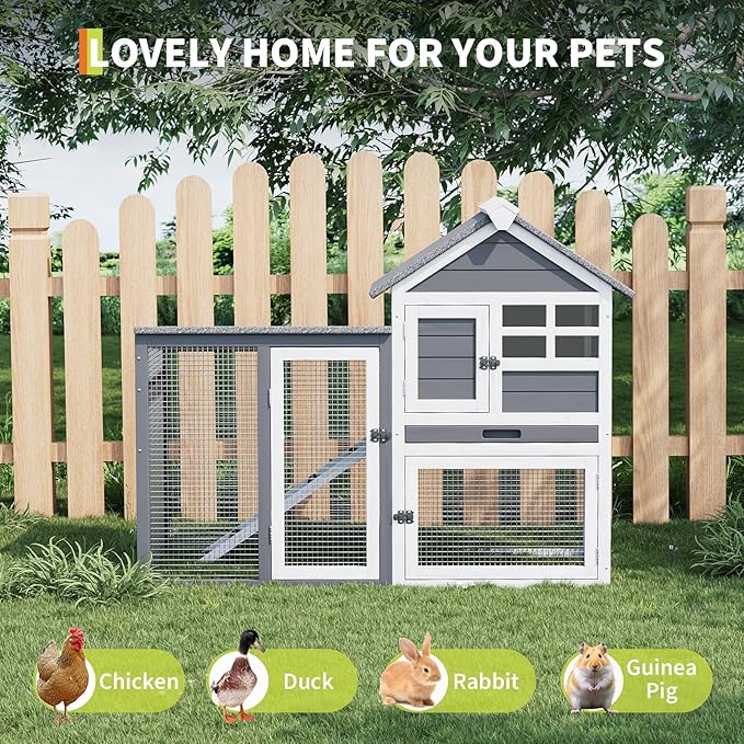 Rabbit Hutch Outdoor, Wooden Chicken Coop, Bunny Cage with Pull Out Tray, Waterproof Run, Poultry Cage for Rabbits, Chickens, Duck, Guinea Pigs