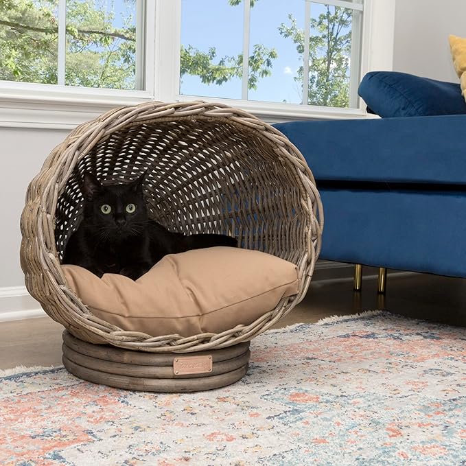 CBD1001A Socket Dome 19.5" x 17" Bohemian Handwoven Rattan Cat Bed with Machine-Washable Cushion, Kubu Gray