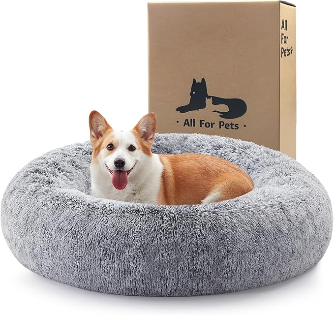Calming Dog Bed - Donut Washable Large Size Round Pet Bed for Dogs and Cats, 36 inches Anti-Slip Fluffy Faux Fur Plush Cat Bed, Anti-Anxiety Cushion with Anti-Slip Bottom