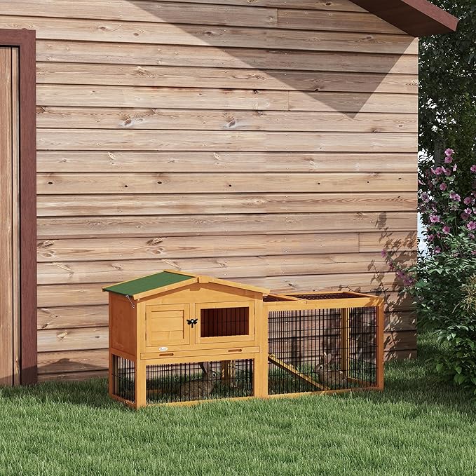 PawHut Rabbit Hutch, 2 Story Outdoor Bunny Cage with Slide-Out Tray, Run Cage, Openable Top for Rabbits, Guinea Pig, Yellow