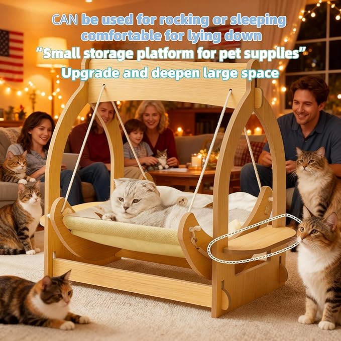 2 in 1 Wooden Cat Hammock, Comfortable and Breathable Hanging Cat Bed with Soft Mattress and Pillow，Suitable for Cats or Small Dogs