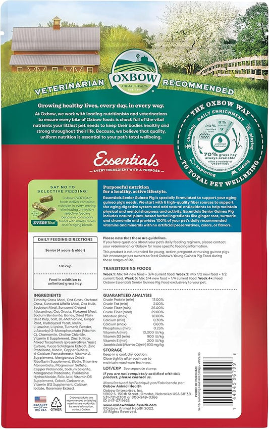 Oxbow Essentials Guinea Pig Food, Senior, Made Alfalfa for Guinea Pig, Pet Food Pellets with Vitamin C, Small Animal Pet Products, Made in USA, High Fiber, 4 lb. Bag