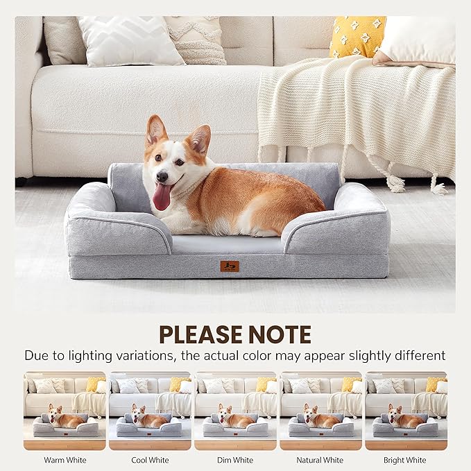 Orthopedic Dog Beds for Medium Size Dogs, Waterproof Egg-Crate Foam Pet Couch Bed with Soft Sides, Non-Slip Dog Sofa with Flannel Removable Washable Cover, 28" Supportive Pet Sofa, Light Grey