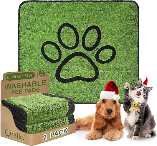 Qeils Reusable Dog Pee Pads, 2 Pack Super Absorbent & Leakproof Washable Puppy Pads with Soft Green Top Layer, for Potty Training, Crates, Couch, Car Seats & Pet Beds, 31"x 36"