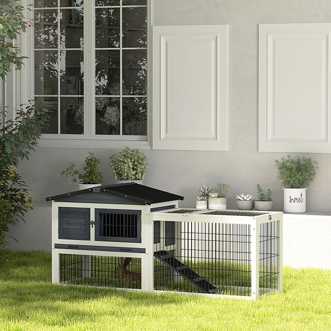 PawHut 2 Levels Outdoor Rabbit Hutch with Openable Top, 59" Wooden Large Rabbit Cage with Run Weatherproof Roof, Removable Tray, Ramp, Dark Gray