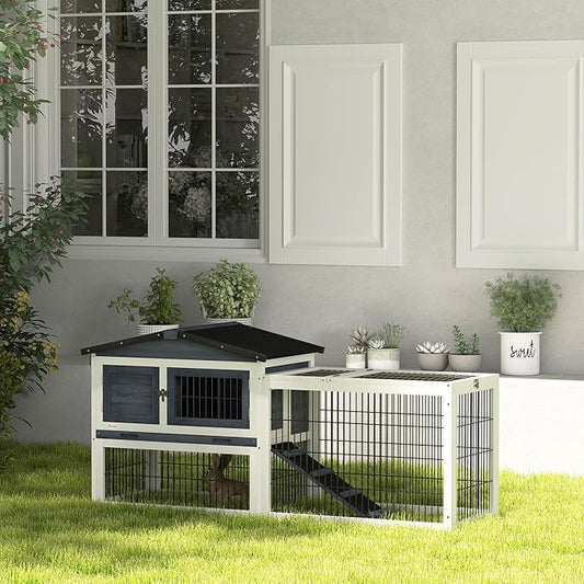 PawHut 2 Levels Outdoor Rabbit Hutch with Openable Top, 59" Wooden Large Rabbit Cage with Run Weatherproof Roof, Removable Tray, Ramp, Dark Gray