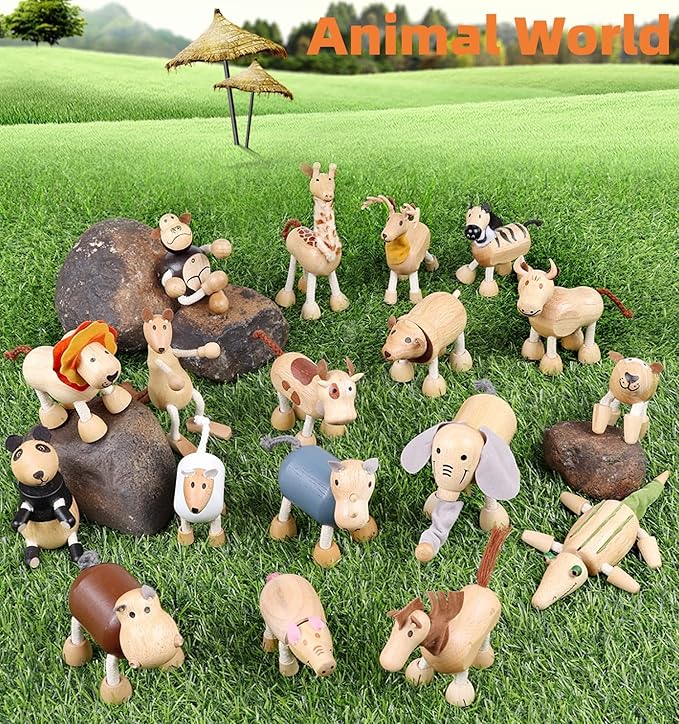 6 Pack Bendable Wooden Animal Figurines - Smooth Natural Wood Zoo & Jungle Safari Animals - Preschool Learning & Education Toys for Toddlers & Kids