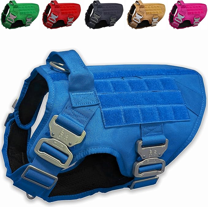 Tactical Dog Harness with 4 Metal Buckles; Waterproof, Military Grade Dog Vest; no-pulls but Does not Choke Neck; Great with Prevents Escapes, Heavy-Duty Dog Harness for Large Dogs, Blue (L)