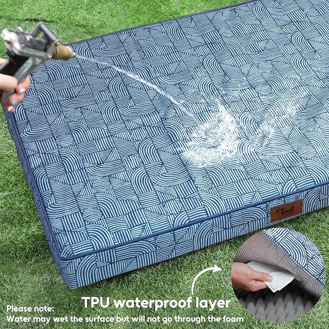 Outdoor Extra Large Dog Bed, Waterproof Dog Bed for Large Size Dogs, Egg Crate Foam XL Pet Bed with Removable Washable Oxford Cooling Cover, White Blue