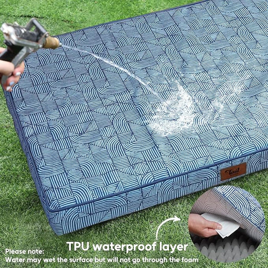 Outdoor Extra Large Dog Bed, Waterproof Dog Bed for Large Size Dogs, Egg Crate Foam XL Pet Bed with Removable Washable Oxford Cooling Cover, White Blue