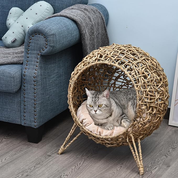 PawHut 20.5" Weaved Cat Bed, Elevated Hand-Woven Braided Banana Leaf Kitten House Condo with Cushion, Beige