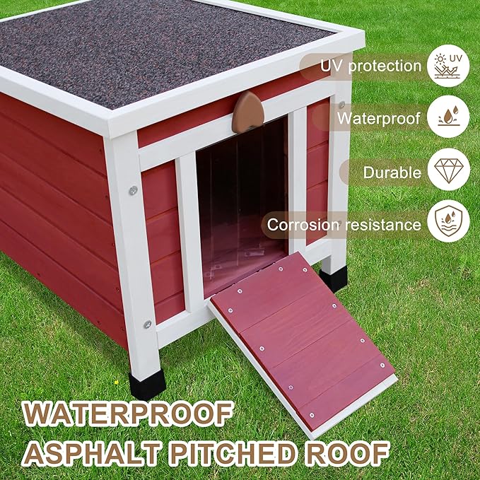 Waterproof Cat House for Outdoor Cats, Wooden Small Pet House Outside, Weatherproof Feral Cat Shelter with Elevated Floor and Lockable Door - Red
