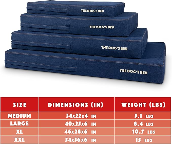 The Dog’s Bed Orthopedic Memory Foam Dog Bed, Large Blue Denim 40x25, Pain Relief for Arthritis, Hip & Elbow Dysplasia, Post Surgery, Lameness, Supportive, Calming, Waterproof Washable Cover