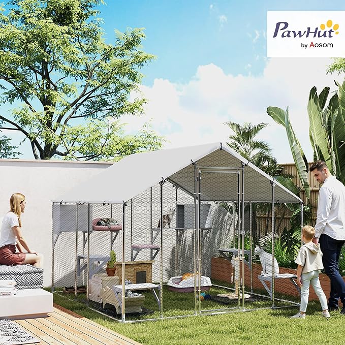 PawHut Catio Outdoor Cat Enclosure, 94.5" Extra Large Walk-in Cat House with Waterproof Cover, 2 Resting Boxes, 7 Jumping Platforms, Chicken Run Coop, Rabbit Hutch, Feral Cat Shelter for Multiple Cats