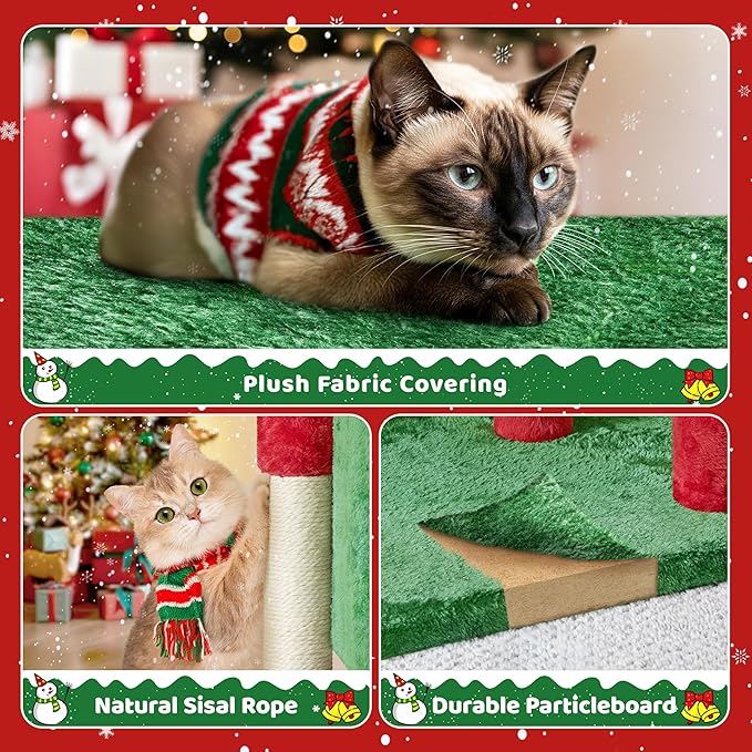 Yaheetech Christmas Themed Cat Tree 23.5in, Cat Tower with Wide Perch, Spacious Condo, Scratching Posts for Large Kitty, Indoor Activity Center Pet Furniture Decoration, Red/Green