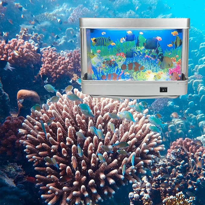 Fake Motion Fish Tank Mini Aquarium, Artificial Tropical Decorative Lamp Night Light with Moving Fish, Gift for Kids(US Plug)