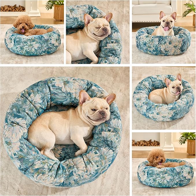 Dog Calming Beds for Small Medium Large Dogs - Round Donut Washable Puppy Dog Bed, Anti-Slip Faux Fur Fluffy Donut Cuddle Anxiety Cat Pet Bed (24" Flower)