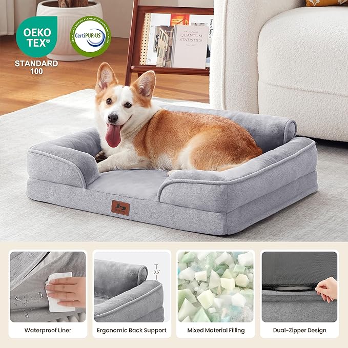 Orthopedic Dog Beds for Medium Size Dogs, Waterproof Egg-Crate Foam Pet Couch Bed with Soft Sides, Non-Slip Dog Sofa with Flannel Removable Washable Cover, 28" Supportive Pet Sofa, Light Grey