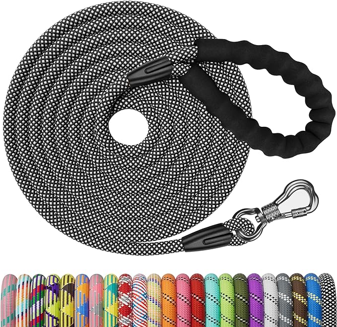 NTR 30FT Heavy Duty Leash for Dog, Rope with Swivel Lockable Hook, Reflective Thread, Padded Handle, Dog Lead line Walking, Hunting, Camping, Backyard Small Medium Large Black, 30ft*3/5/''