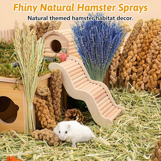 Fhiny Natural Hamster Bedding Mate, Edible Hamster Sprays Flowers & Herbs Gerbil Habitat Enclosure Decor Grain Treats Cage Accessories for Dwarf Syrian Hamster Gerbil Degus Lemming Mice